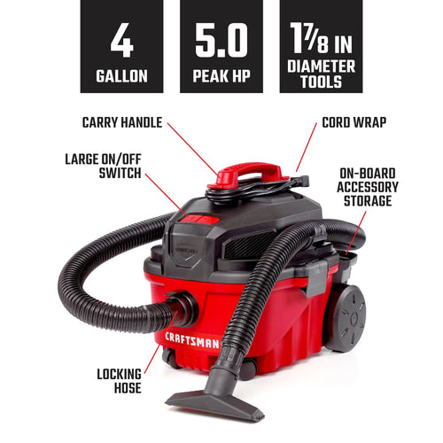 Craftsman CMXEVBE17040 5.0 Peak HP Wet/Dry Vac, Portable Shop Vacuum with Attachments